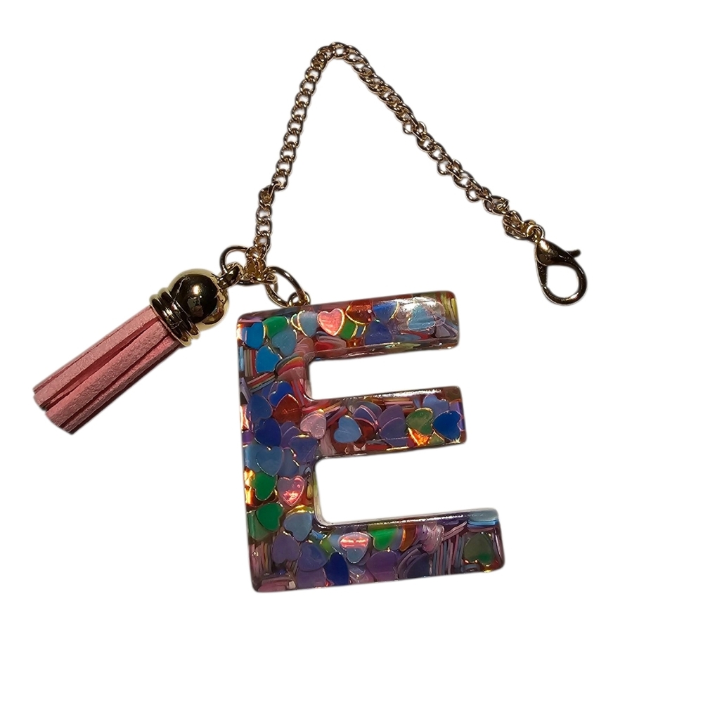 NWT Personalized Letter E Keychain Rainbow Heart Resin Bag Charm